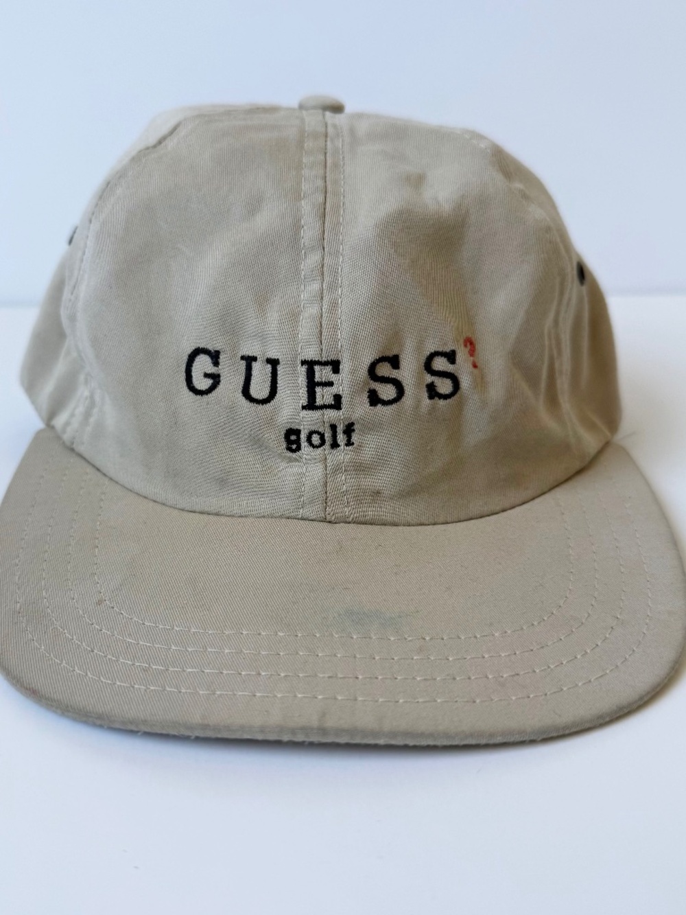 RARE VTG Guess Jeans GOLF Hat Cap Adult One Size Beige Adjustable Leather Strap